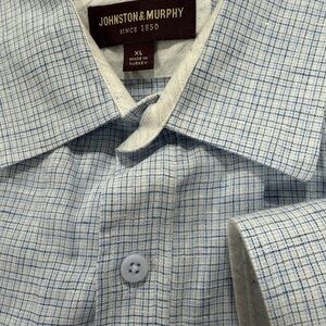 Johnston And Murphy XL 75% Linen Blue Mini Check Pattern Long Sleeve Pocket